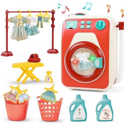 deAO Waschmaschine Spielzeug für Kinder, Mini Simulationswaschmaschine mit 4 Programmen, Rotierender Waschtrommel, Licht, Ton, Washe Spielzeug Kinderwaschmaschine mit Zubehör für Kinder (Rot) von deAO