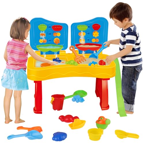deAO Wasser- und Sandspieltisch für Kinder, Outdoor-Tisch mit Doppelfächern, enthält viele Zubehörteile und Spielzeugdeckel für Jungen und Mädchen von deAO