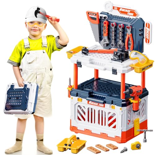 deAO Werkbank Kinder, 2 in 1 Werkbank und Werkzeugkoffer, Rollenspiel Set Inkl. 90 Stück Zubehör Und Werkzeug Spielzeug (Bohrmaschine, Hammer Usw.) Lernspiel Geburtstag für Kinder 3 4 5 6 7 8 Jahre von deAO