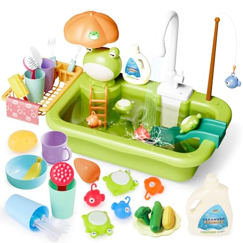 deAO kinderwaschbecken Küchenspielspüle mit fließendem Wasser, Spiel vorgeben Abwaschbecken Küchen-Sets mit aufgerüstetem Wasserhahn, Kinder Rollenspiel Geschirrspüler Spielzeug mit Küchenzubehör von deAO