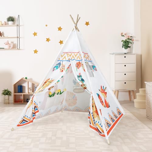 decalsweet Tipi Zelt für Kinder mit Kieferpfahl & Holz Stabilisierung & Niedliche Muster, Kinderzelt für Drinnen und Draussen, Zelt Kinderzimmer Spielzelt für Mädchen Jungen Dschungel-Tiere Beige von decalsweet