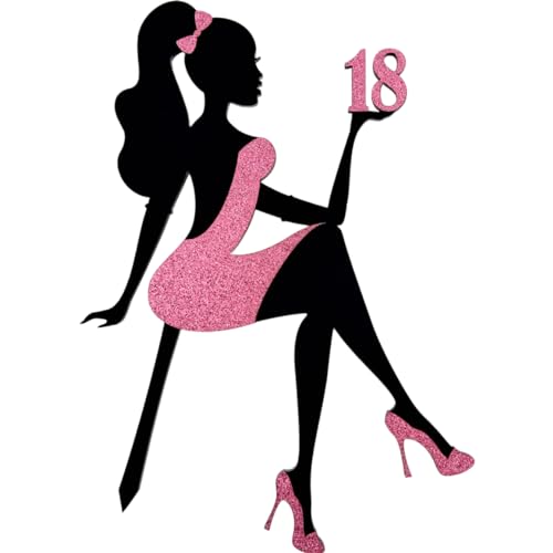 decoresca Kuchendeko Geburtstag mit Alter, 18 Jahre - 24x17 cm - Dame in High Heels, Happy Birthday Tortenaufsatz – Kuchendekoration - Torten Topper Geburtstag in Acryl & Glitter (Rosa) von decoresca