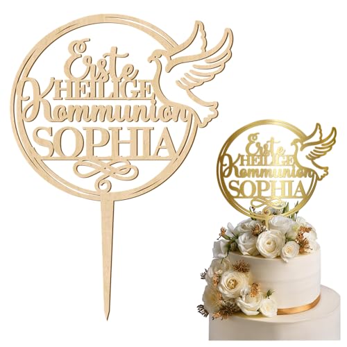 decoresca Personalisierte Erste Heilige Kommunion Kuchendeko, Personalisiert mit Name, Farbe & Material, Tortenaufsatz, Kuchendekoration, Tortenstecker in Acryl & Sperrholz (Version 1 - Taube) von decoresca