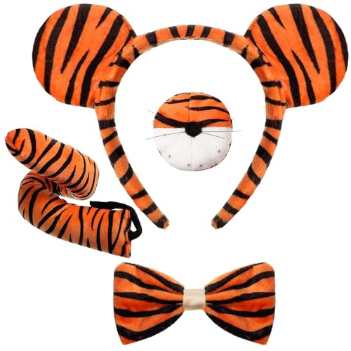 deegbbyi 4 Stück Tiger Kostüm, mit Tierohren, Schwanz, Nase und Fliege, Tierkostüm Set, Tiger Rollenspiel Kostüm, für Kindertagsspiele, Karnevalsparty, Costume Party Dekoration Zubehör von deegbbyi