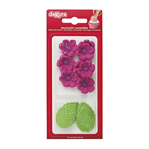 Dekora - Essbare Blumen für Torte aus Zucker - Box mit 8 pinkfarbenen Blüten und 5 grünen Blättern - Zuckerblumen Tortendeko Geburtstag Essbar von dekora