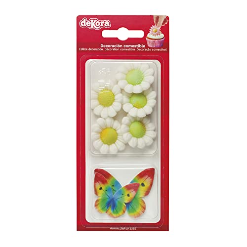 Dekora - Essbare Schmetterlinge und Blumen für Torte aus Zucker - Box mit 5 weißen Blüten und 4 bunten Schmetterlingen - Zuckerdekor Tortendeko Geburtstag Essbar von dekora
