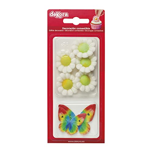 Dekora - Essbare Schmetterlinge und Blumen für Torte aus Zucker - Box mit 5 weißen Blüten und 4 bunten Schmetterlingen - Zuckerdekor Tortendeko Geburtstag Essbar Dekora - Essbare Schmetterlinge und Blumen für Torte aus Zucker - Box mit 5 weißen Blüten und 4 bunten Schmetterlingen - Zuckerdekor Tortendeko Geburtstag Essbar von dekora