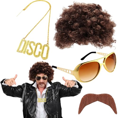 70er Jahre Bekleidung Herren,dellyy Hippie Kostüm Herren,70er 80er Jahre Perücke Disco Hippie Kostüm Set,Hippie Accessoires,Afro Perücke,Für Cosplay,Halloween,Karneval Kostüm Thema Party Usw (braun) von dellyy