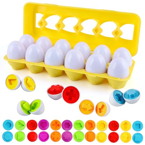 dellyy 12PCS Montessori Puzzle Eier für Kleinkinder 1-3 Jahre, Farbe Form Sortierspielzeug mit Farb und Formerkennung, Feinmotorik Lernspielzeug, Ideale Ostergeschenke (Geometrisches Muster gelb) von dellyy
