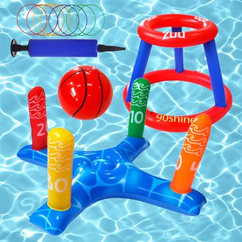 dellyy 2Pcs Wasser Aufblasbare Spielzeuge, mit 1 Basketball und 8 Wurfkörben, Wasserspiel Basketball, Ringwurfspiel Kinder, 2 In 1 Aufblasbare Wasserspielzeug, mit Luftpumpe (B) von dellyy