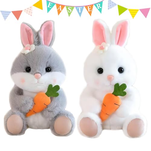 dellyy Osterhasen-Baumspitzen, Frühlings Kaninchen Umarmungen Karotten Ornamente, 2 Stück Plüsch-Hasenpuppen, Plüsch-Kaninchen-Umarmungen-Karotten, für Füllungen, Geschenke, Partys, Tischdekorationen von dellyy