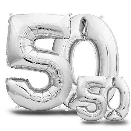 envami® Luftballons 50. Geburtstag XXL Silber - Riesen Folienballon in 2 Größen 40" & 16" - 101cm + 40cm Geburtstagsdeko Set - Vier Zahlen - Ideal als Deko - fliegt mit Helium von envami