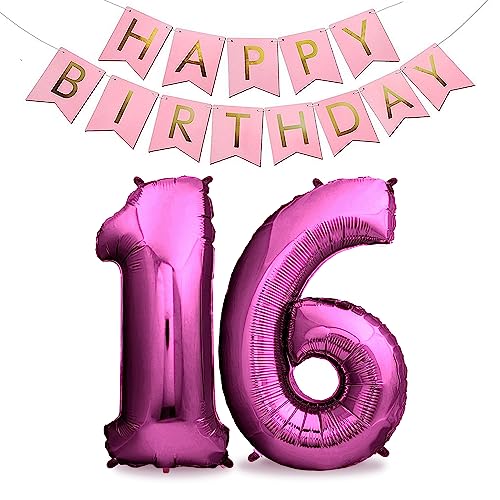 envami® XXL Folienluftballons - Luftballons Pink + Happy Birthday Girlande - Riesen Zahlen -Luftballons - 40" 101CM - Perfekte Geburtstagsdeko Rosa - Fliegt mit Helium (Zahl 16) von envami