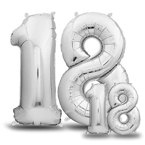envami® Luftballons 18. Geburtstag XXL Silber - Riesen Folienballon in 2 Größen 40" & 16" - 101cm + 40cm Geburtstagsdeko Set - Vier Zahlen - Ideal als Deko - fliegt mit Helium von envami