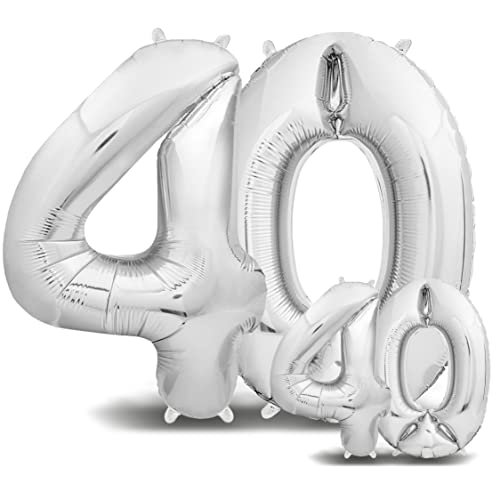 envami® Luftballons 40. Geburtstag XXL Silber - Riesen Folienballon in 2 Größen 40" & 16" - 101cm + 40cm Geburtstagsdeko Set - Vier Zahlen - Ideal als Deko - fliegt mit Helium von envami