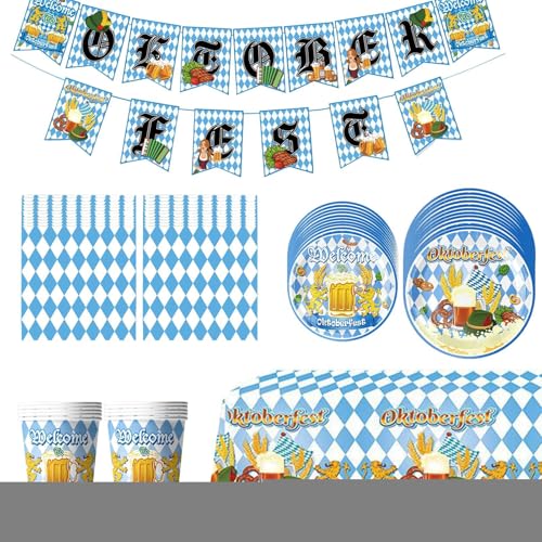 Demaxiyad Oktoberfest Deko-Set, Oktoberfest Party Dekorationen, Set mit Platten und Servietten, blau weißes Karomuster, Papier und Stoff, für Bierzelt, Festivals, Hauspartys, einfach zu reinigen.​ von demaxiyad