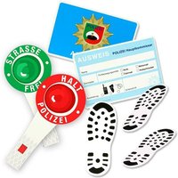 Polizeiparty Set mit 6 Kellen, 6 Dienstausweisen & 26 Fußspuren Polizeiparty Set mit 6 Kellen, 6 Dienstausweisen & 26 Fußspuren von dh-konzept