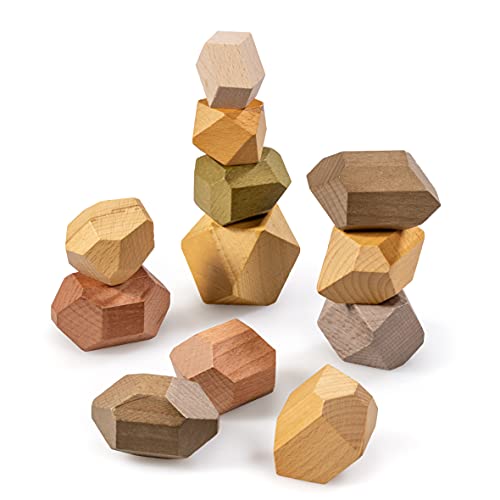 digitCUBE naturling Balancier Stapelsteine - Montessori Holzspielzeug handgemacht - 12 Bunte Holz Spielsteine für Kinder & Erwachsene von digitCUBE