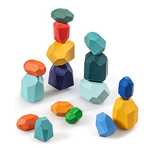 digitCUBE naturling Balancier Stapelsteine - Montessori Holzspielzeug handgemacht - 16 Bunte Holz Spielsteine für Kinder & Erwachsene von digitCUBE