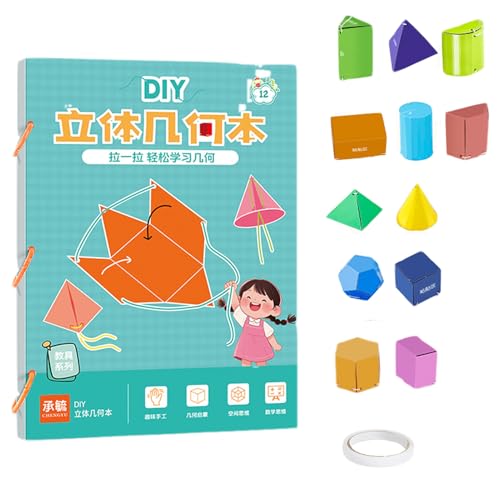 dijiusidy Praktisches 3D Geometriebuch für Grundschüler, lehrreiches und unterhaltsames 3D Geometrie Lernbuch mit Zugschnur aus Papier, 12 Bilder von dijiusidy