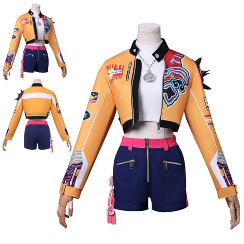 dinblex Anime Cosplay Kostüm Outfit für Mädchen, Halloween Anzug mit Jacke, Top, Shorts, Halskette, Frauen Tanzoutfit (130 Kind) von dinblex