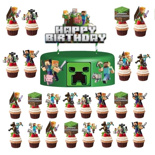 dinghaole 25 Stück Pixel Tortendeko Jungen, Gaming Dekoratio Cupcake Wrapper für Tortendeko, Happy Birthday Topper für Jungen Geburtstag Party Kuchen Dekoration Supplies von dinghaole