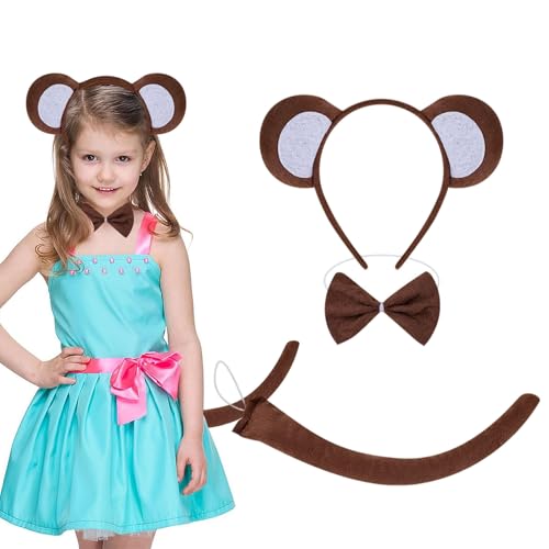 dinghaole 3 Stück Affenkostüm-Set mit Schwanz, Affenohren Tier Stirnbänder Affen Langen Schwanz Fliege, Affenkostüm für Kinder Mädchen Fasching Tierkostüm Halloween Karneval Tier Haarbänder Karneval von dinghaole