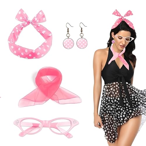 dinghaole 4 Stück 50er Jahre Accessoires Damen Zubehör, 50er Jahre Kostüm Schal Polka Punkt Stirnband Ohrring Katzenauge Brille, 1950s Kostüm Set für Karneval Retro Fasching Mottoparty von dinghaole