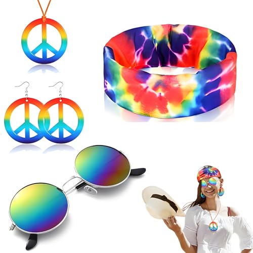 dinghaole Hippie-Kostüm-Set mit Sonnenblumen-Haarband, Halskette und Ohrringen, runde Sonnenbrille, Festival-Accessoires für Damen und Herren, 5-teilig von dinghaole