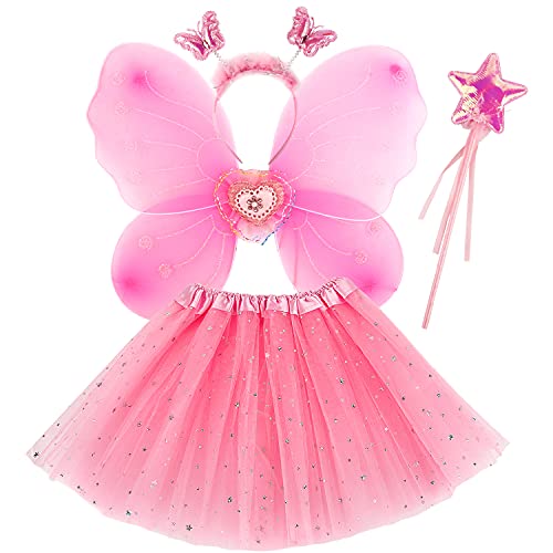 Discoball Mädchen Fee Kostüm Set Prinzessin Tutu Rock Fee Magic Schmetterling Flügel Verkleiden Fantasy Kostüm Schmetterling Flügel, Zauberstab und Haarband Set für 3-8 Jahre Mädchen (Pink) von discoball