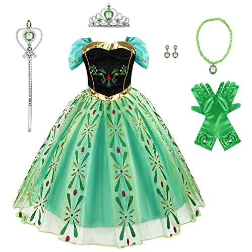 Discoball Mädchen Prinzessin Kleid Anna Kostüm Kleid Cosplay Fancy Kleid Halloween Weihnachten mit Accessoires für Mädchen Geburtstag Party Kronenkleid (3-4 Jahre) von discoball