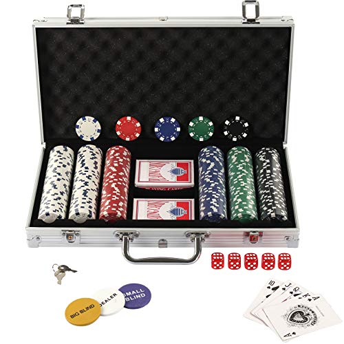 display4top Pokerkoffer, Laser Pokerchips Poker 12 Gramm, 2 Karten, Händler, Small Blind, Big Blind Tasten und 5 Würfel, mit Aluminium-Gehäuse (300 Chips) von display4top