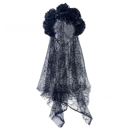 divuukyi Realistischer Blumenkopfschmuck für Halloween-Partys, mit fließendem schwarzen Wickeln, Rollenspiel, Cosplay-Outfit von divuukyi
