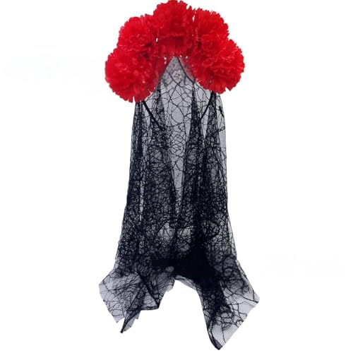 divuukyi Realistischer Blumenkopfschmuck für Halloween-Partys, mit fließendem schwarzen Wickeln, Rollenspiel, Cosplay-Outfit von divuukyi