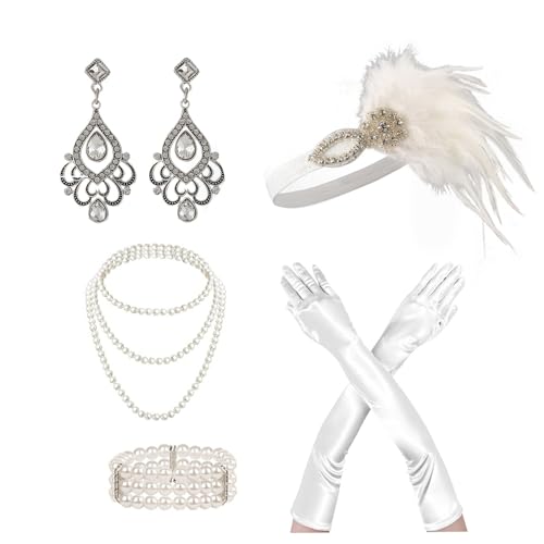 divuukyi Vintage 1920er Jahre Flapper Party Frauen Kostüm Zubehör Set Stirnband Halskette Ohrringe Handschuhe für Cocktailparty von divuukyi
