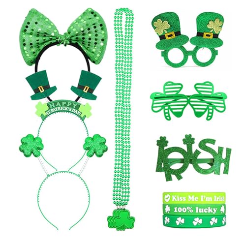 divuukyi Zarter Kleeblatt-Haarreif mit Brille, für Damen, Cosplay, St. Patricks, Party, Armreifen und Perlen, Halskette, Kostüm von divuukyi