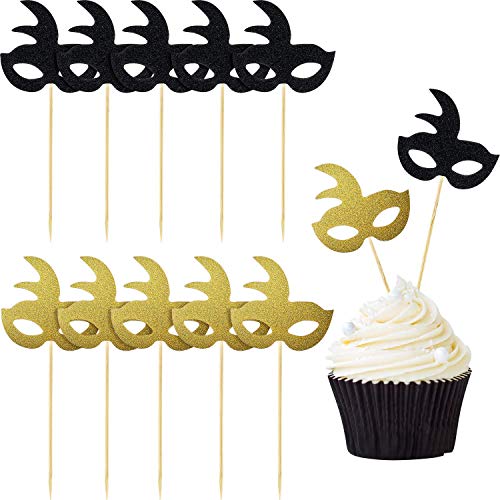 Diyfixlcd 120 Stück Maskerade Masken Cupcake Topper Glitzer Maske Kuchen Topper Picks Dessert Cupcake Topper für Maskerade Karneval Party Babyparty Geburtstag Party Dekorationen (Gold und Schwarz) von diyfixlcd