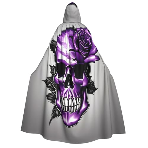 Violetter Rosen- und Totenkopf-Druck, geeignet für Männer und Frauen, Halloween-Kostüm, Kapuzenumhang, Umhang für Erwachsene, Umhang von dkkuvt