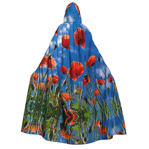 dkkuvt Mohnblumen auf blauem Himmel, geeignet für Männer und Frauen, Halloween-Kostüm, Kapuzenumhang, Umhang für Erwachsene, Umhang von dkkuvt