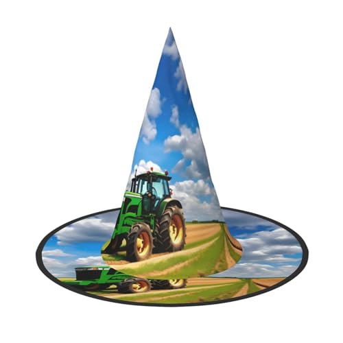 dkkuvt Traktor unter blauem Himmel und weißen Wolken Druck Karneval Halloween Hexenhut Kostüm Hut für Partys Maskeraden für Damen Herren von dkkuvt
