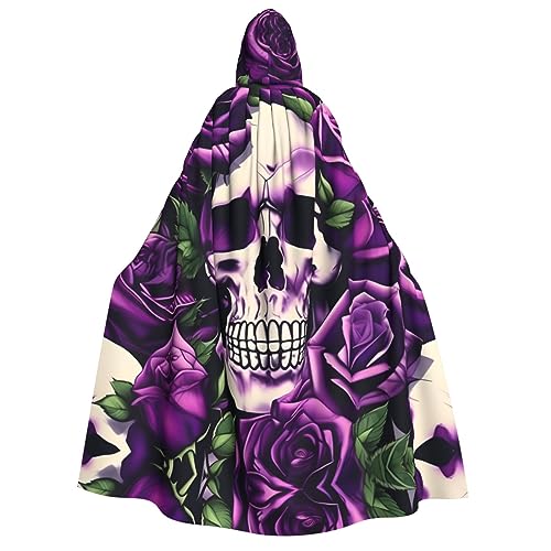 dkkuvt Viele lila Rosen Totenkopf-Druck, geeignet für Männer und Frauen, Halloween-Kostüm, Kapuzenumhang, Umhang für Erwachsene, Umhang von dkkuvt