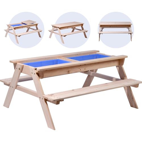 dobar® 94361FSCe Kinder Matschtisch Outdoor | Sand- und Wasserspieltisch inkl. 2 herausnehmbarer Matschkisten | Große Kindersitzgarnitur |4 Sitzplätze | 107 x 94 x 50,5 cm | Natur/Blau von dobar