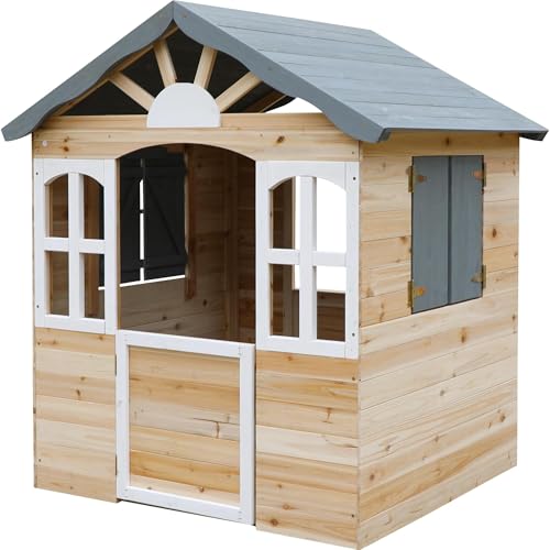 dobar® Kinder-Spielhaus aus Holz mit Fenster und Türen - Spielhaus Outdoor Bausatz mit einfachem Aufbau - Kinderhaus für Garten - Anthrazit - 115 x 102 x 125 cm von dobar