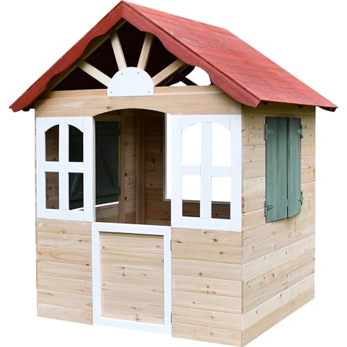 dobar® Kinder-Spielhaus aus Holz mit Fenster und Türen - Spielhaus Outdoor Bausatz mit einfachem Aufbau - Kinderhaus für Garten - Rot - 115 x 102 x 125 cm von dobar
