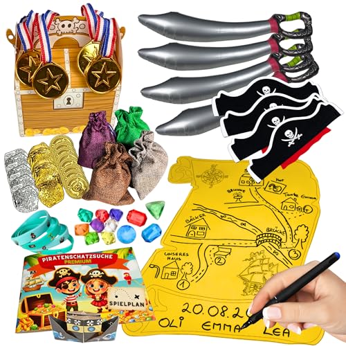 Schatzsuche Set: Outdoor-/Indoor-Spiel (Schnitzeljagd) für Freizeit & Kindergeburtstag – Komplette Anleitung, Piraten-Requisiten, Goldmünzen, Diamanten, Schatzkiste, Säbel und mehr(für 4 Kinder) von dodo toys - fun4you