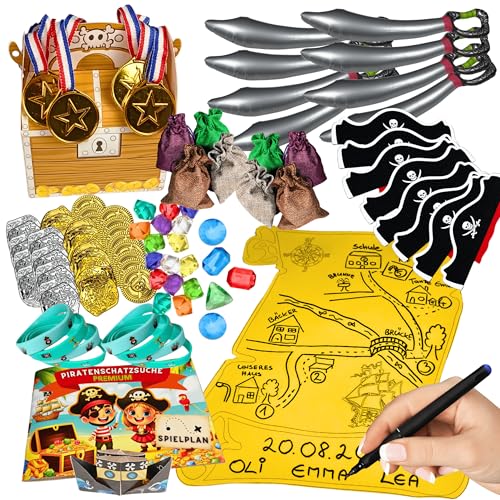 Schatzsuche Set: Outdoor-/Indoor-Spiel (Schnitzeljagd) für Freizeit & Kindergeburtstag – Komplette Anleitung, Piraten-Requisiten, Goldmünzen, Diamanten, Schatzkiste, Säbel und mehr(für 8 Kinder) von dodo toys - fun4you