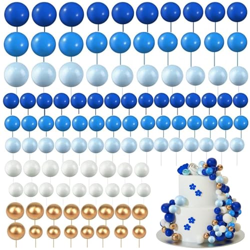 Tortendeko Kugeln Cake Topper, 108 Stück Kuchen Dekoration Kugel, DIY Mini Ballon Cupcake Einsatz Tortendeko Kugel für Hochzeit Geburtstag Torte Dekorieren(Weiß, Gold, Blau) von dogmoon
