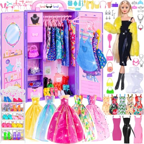11.5 Zoll Mädchen Puppe mit Puppe Kleiderschrank Schrank Playset schließen Mode Lange Kleider, Schuhe, Handtaschen und anderes Zubehör für Mädchen Alter 3+ Geschenk EIN (Purple) von dollbie