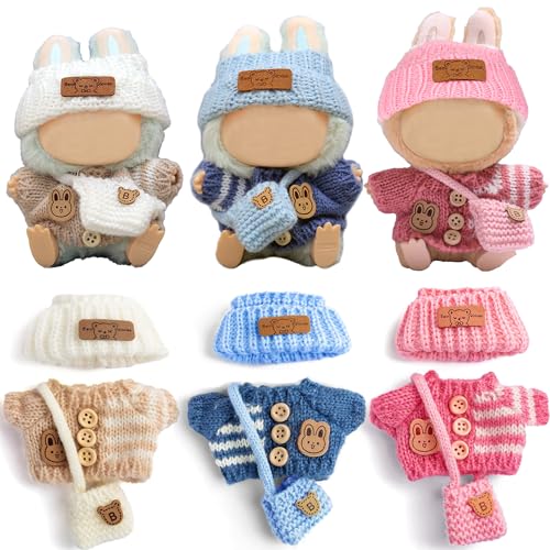 Insgesamt 3 Sets Strickpuppenkleidung und Zubehör, 17 cm, inklusive 3 Mützen, 3 Pullover, 3 Taschen, weiches und stilvolles Kostümzubehör (Dolle nicht im Lieferumfang enthalten) von dollbie