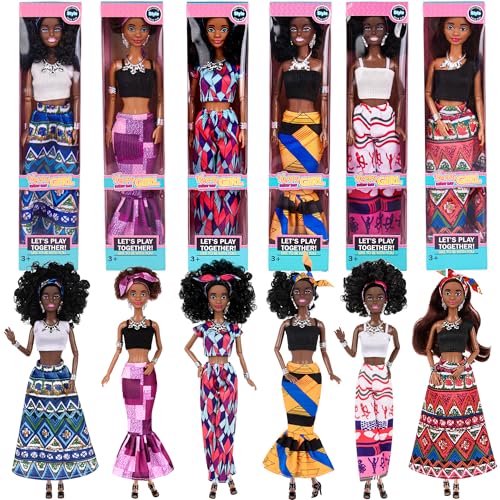 dollbie 6 Pack 11,5 Zoll afroamerikanisches schwarzes Spielzeug Puppe Spielset mit Mode Outfits Design und Zubehör wie Cronw Halskette Kopfsalf (Geschenkbox-Paket) von dollbie
